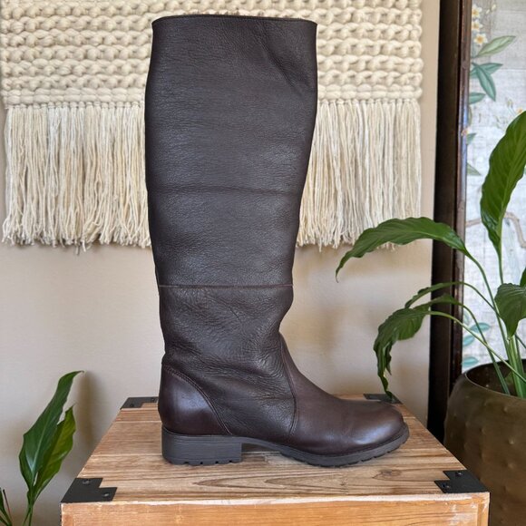 Kelsi Dagger Glenda Brown Leather Shearling Knee High Rubber Sole Flat Boots - Picture 8 of 17